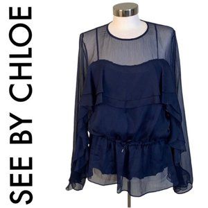 SEE BY CHLOE NAVY BLUE SHEER RUFFLE BLOUSE AND CAMISOLE SIZE 10 / 42 FRENCH
